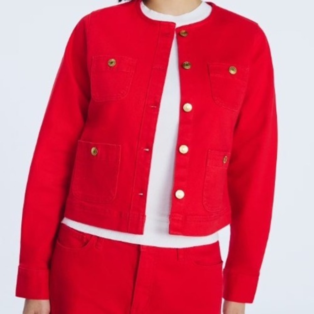 Free Assembly Womens Red Denim Jacket Collarless Gold Button Utility Sz L